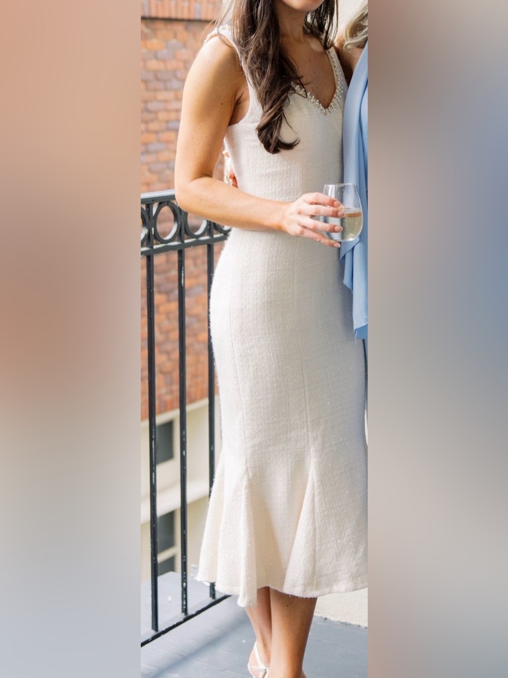 NADINE MERABI Cream Tweed Midi Mermaid Dress with Pearl detail